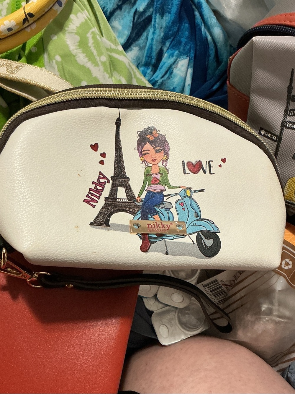 Nikky White Scooter Print Wristlet Clutch